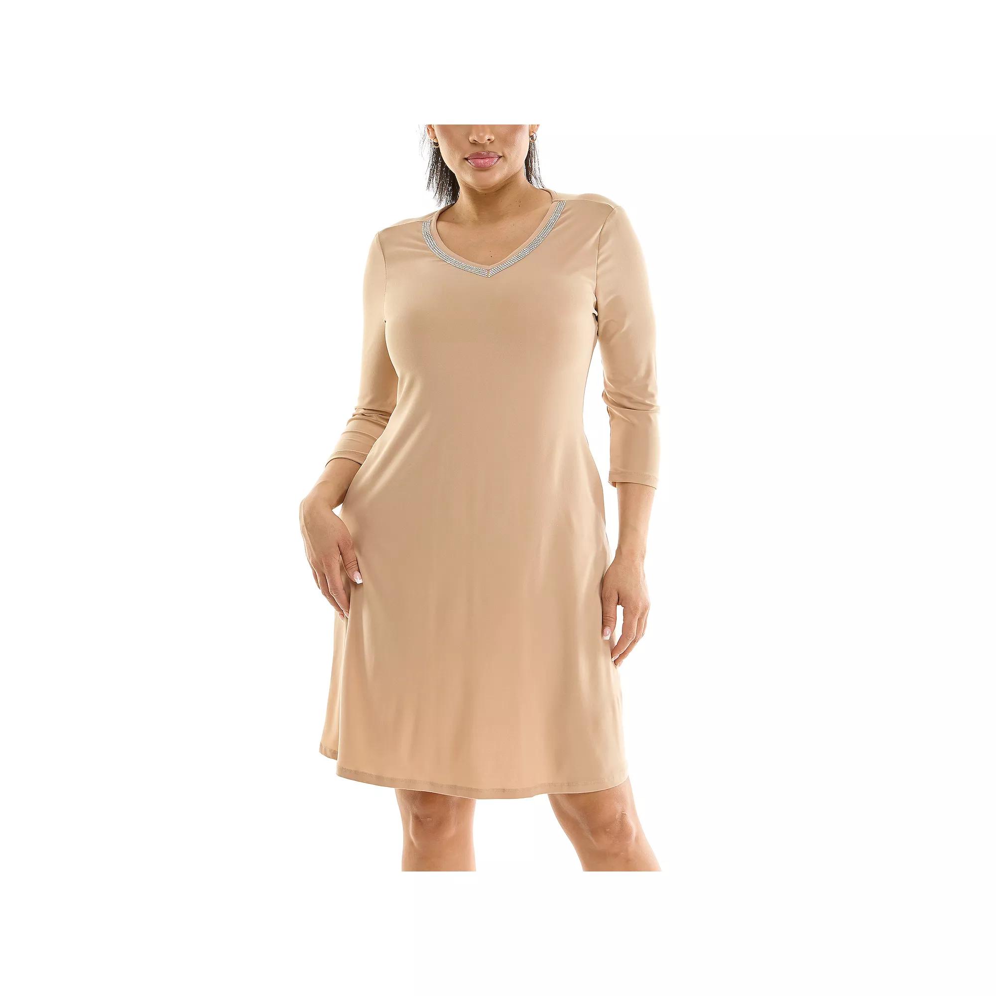 Women's Nina Leonard Necklace Trim Pocket Dress, Size: Large, Brown Product Image