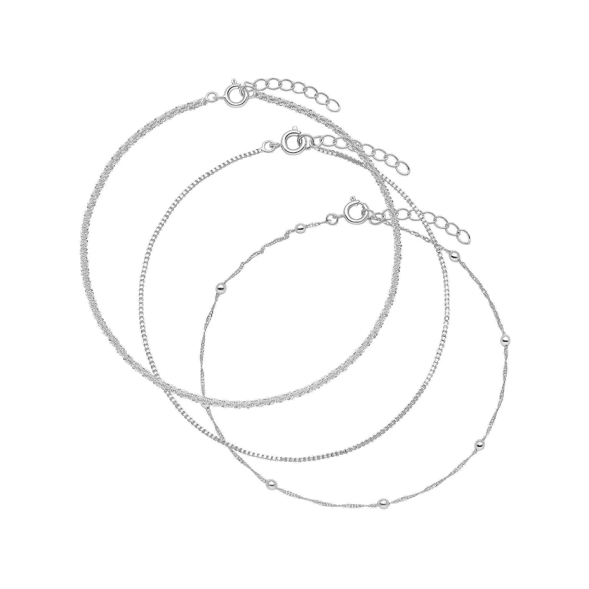 PRIMROSE Fine Silver Plated Beads Station Singapore, Herringbone & Sparkle Chain Anklet Trio Set, Women's, Size: 9-10" ADJ, Silver Tone Product Image