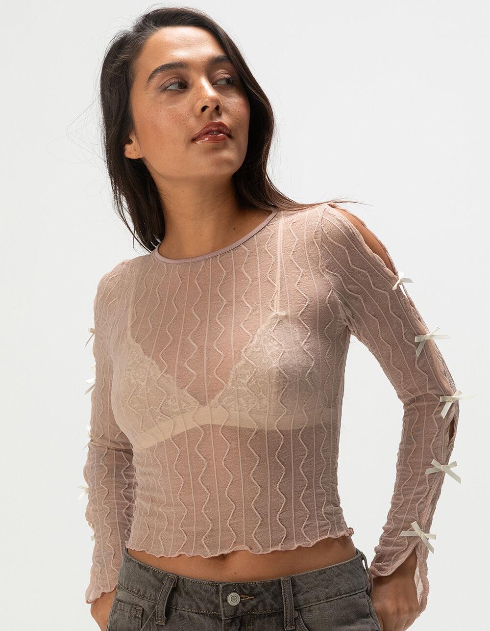 FULL TILT Textured Bow Womens Long Sleeve Top - IVORY Product Image