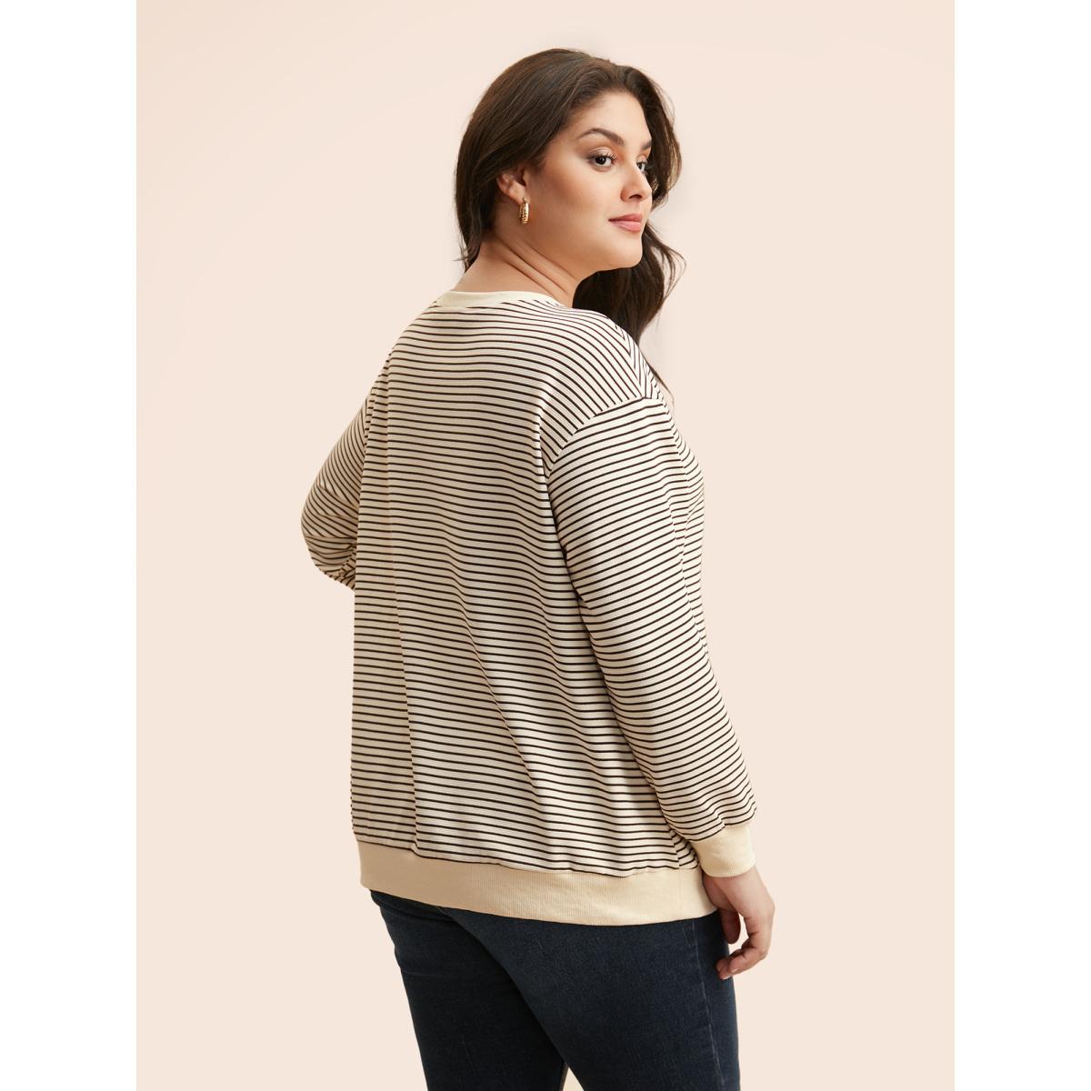 Plus Size Round Neck Striped Stitch Sweatshirt Women DarkBrown Casual Texture Round Neck Everyday Sweatshirts BloomChic 10/M Product Image