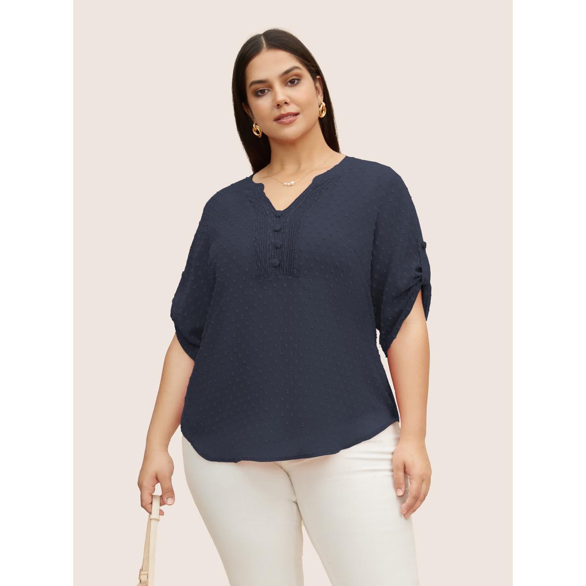 Plus Size Indigo Chiffon Plain Textured Pleated Tab Sleeve Blouse Women At the Office Elbow-length sleeve Shirt collar Work Blouses BloomChic 14-16/1X Product Image