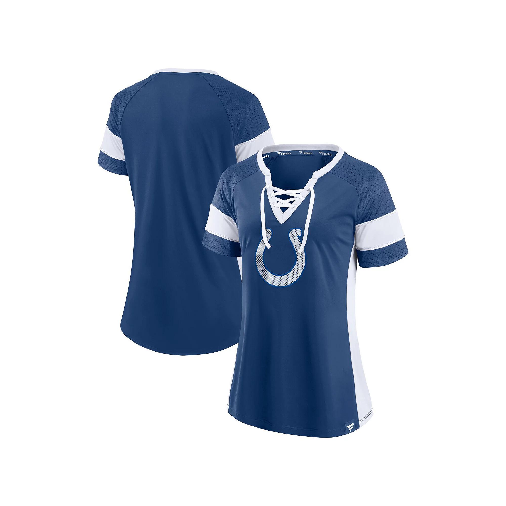 Women's Fanatics Branded Royal/White Indianapolis Colts Team Draft Me Lace-Up Raglan T-Shirt, Size: Large, Blue Product Image