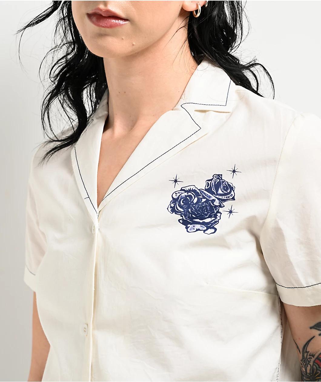 Empyre Bucky Rose Beige Crop Button Up Short Sleeve Shirt Product Image