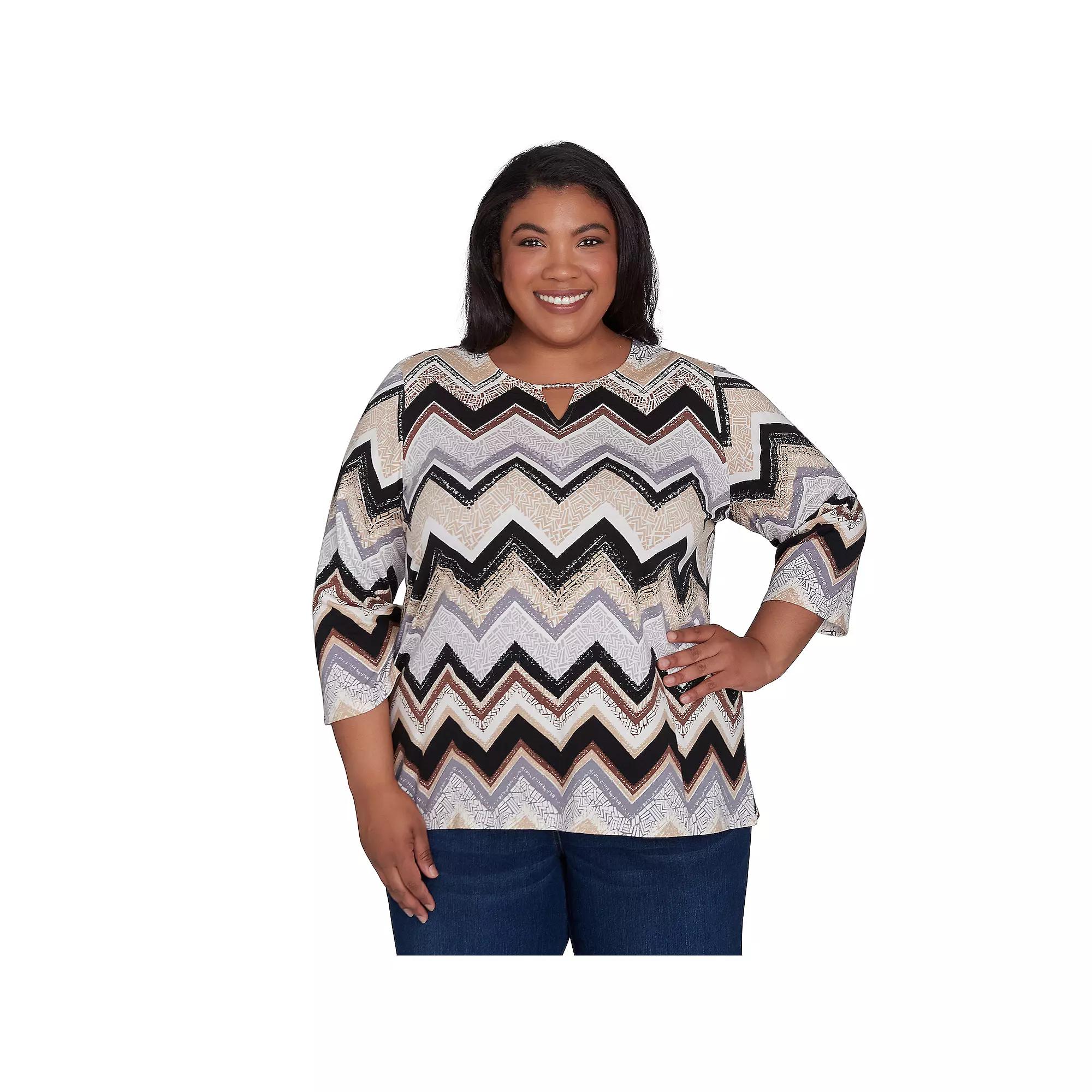 Plus Size Alfred Dunner Zig Zag Split Crewneck Top, Women's, Size: 1XL, Multi Neutral Product Image