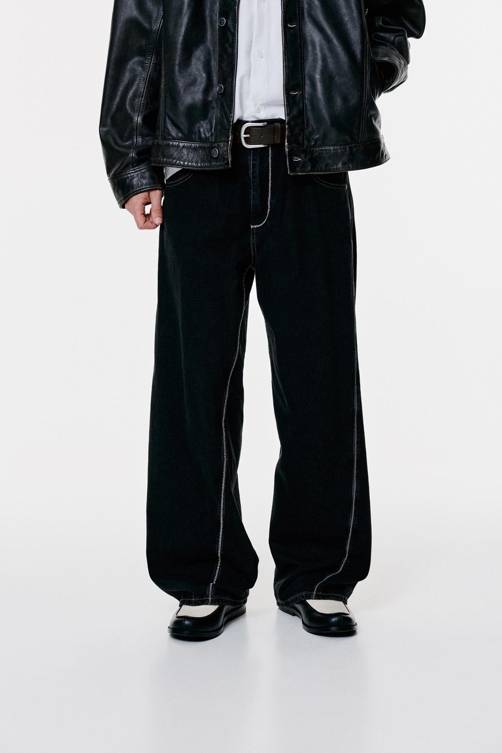 Black wide leg jeans with seams Product Image