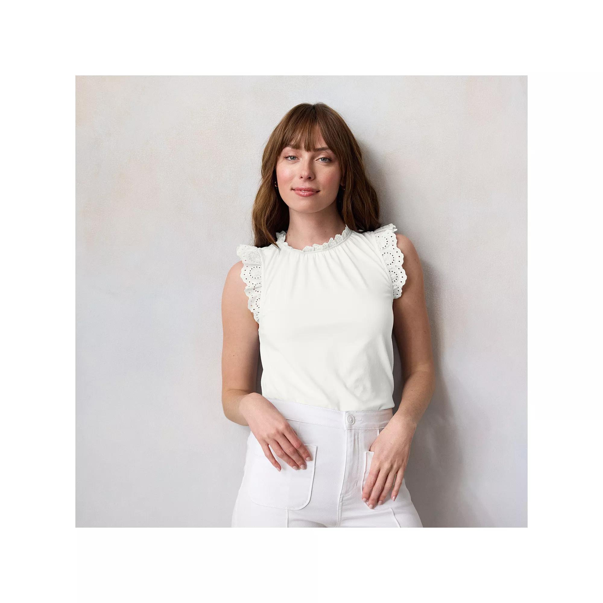 Women's LC Lauren Conrad Lace Ruffle Sleeve Crewneck Tank Top, Size: XS, Grey White Product Image