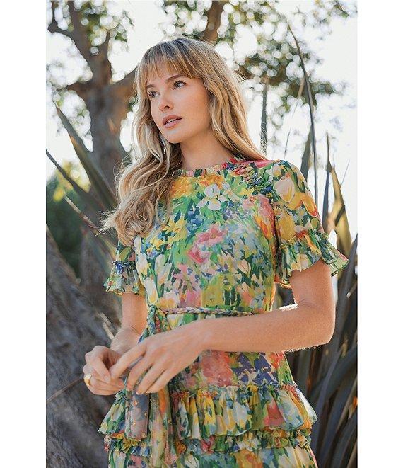 Mac Duggal Chiffon Floral Print Crew Neck Short Sleeve Ruffle Waist Tie Gown Product Image