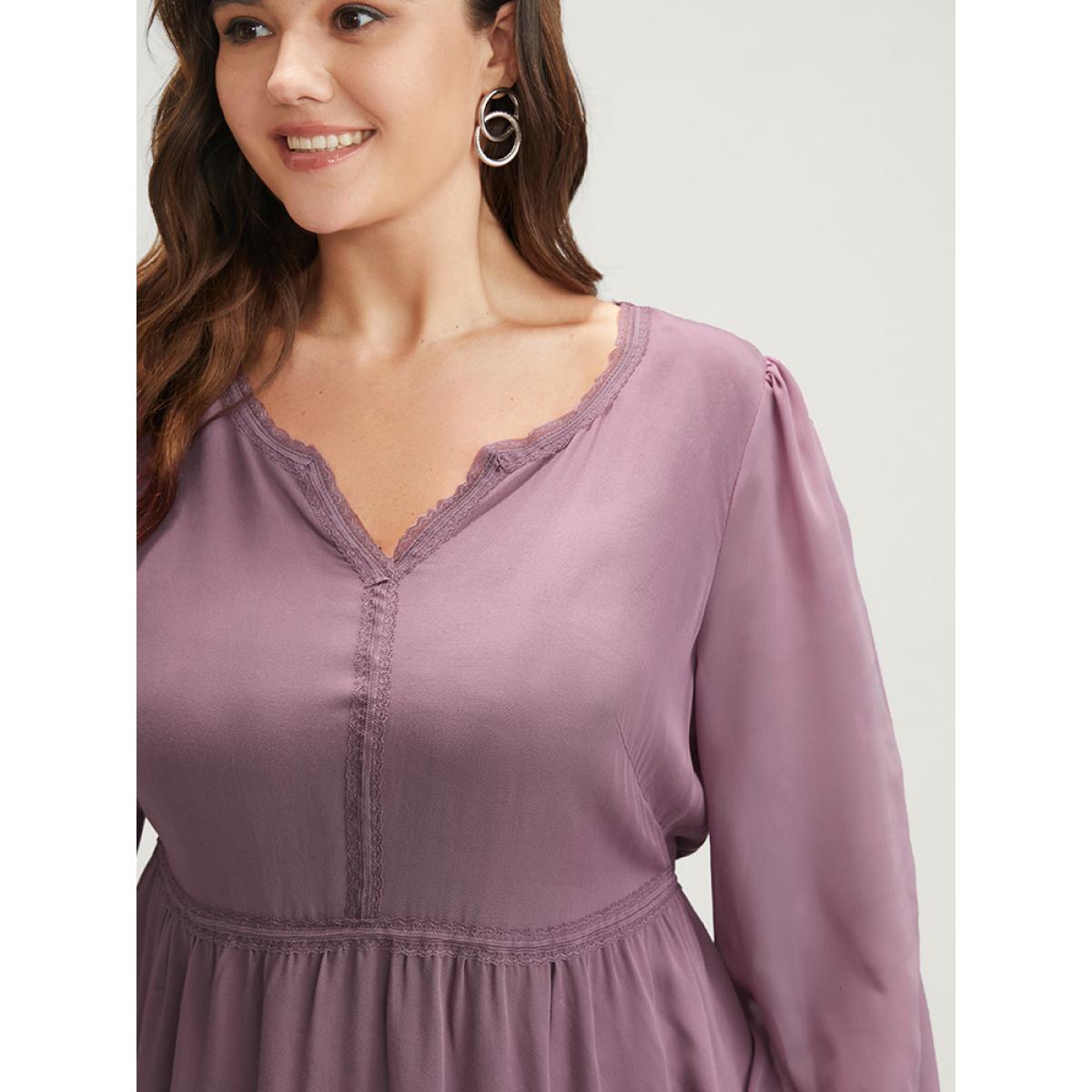 Plus Size DustyPink Solid Crochet Lace Lantern Sleeve Flutter Blouse Women Elegant Long Sleeve Notched collar Dailywear Blouses BloomChic 26/4X Product Image