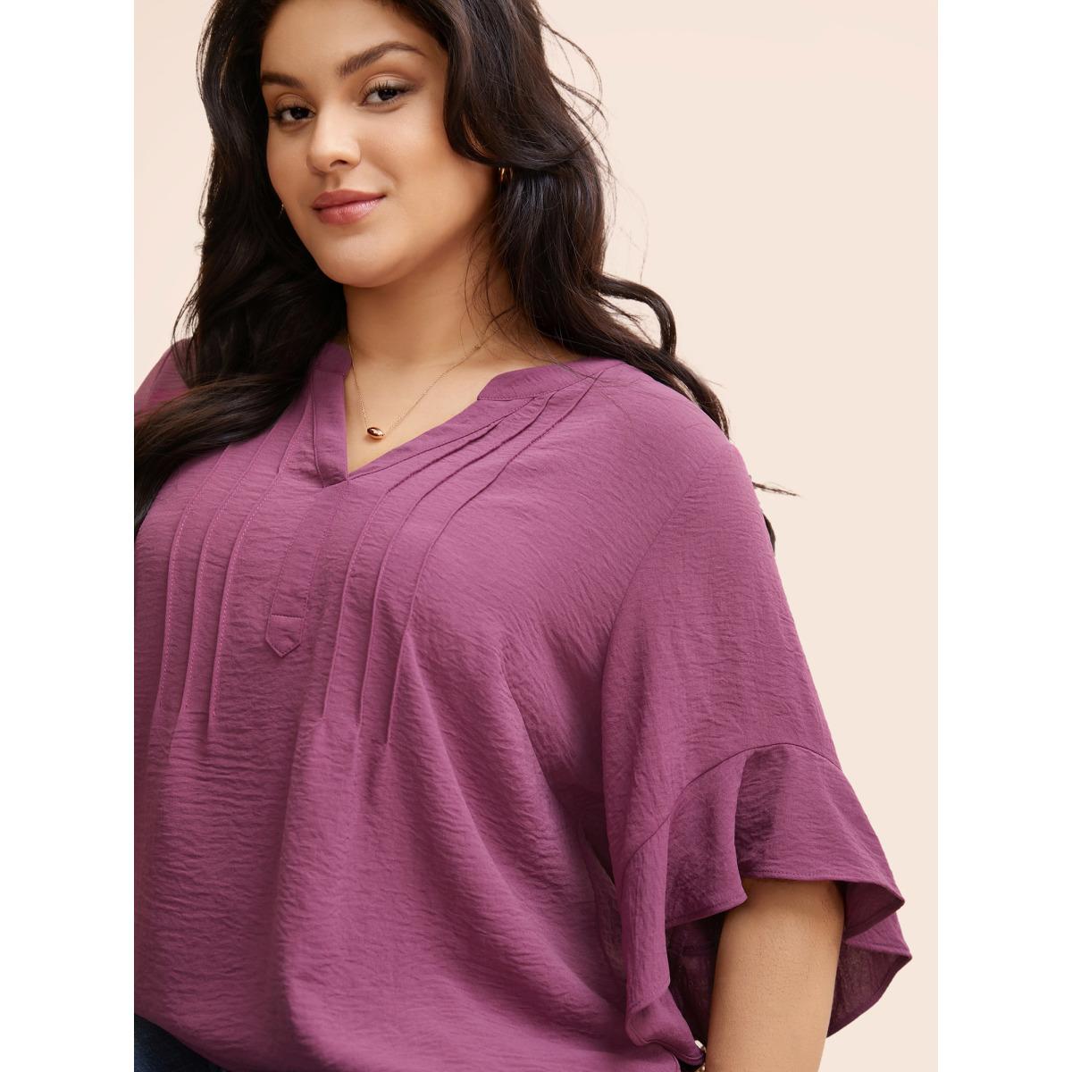 Plus Size Mauve Notched Pleated Ruffles Split Hem Blouse Women Elegant Half Sleeve Flat collar with V-notch Everyday Blouses BloomChic 26/4X Product Image