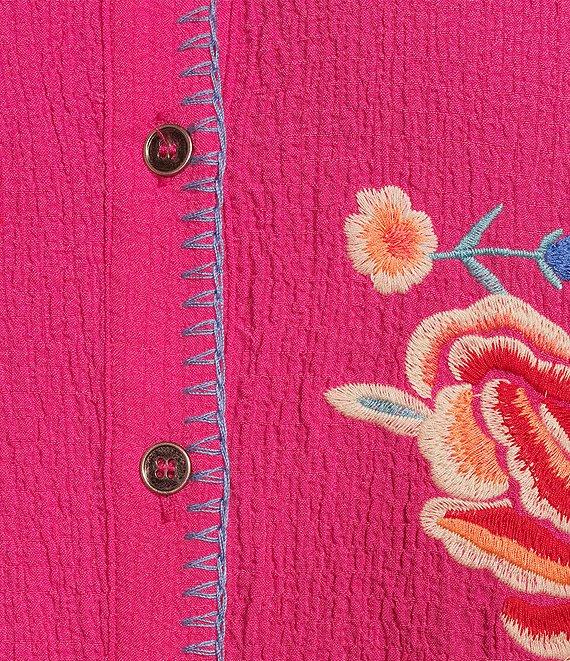 Calessa Plus Size Floral Embroidered Point Collar Long Sleeve Button Front Tunic Product Image