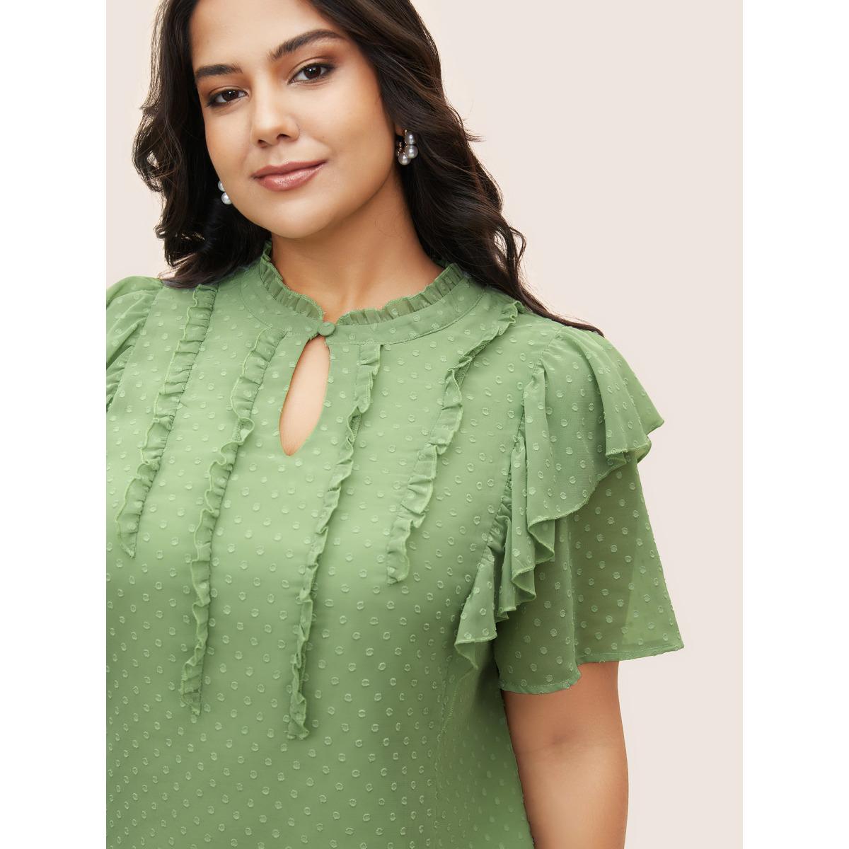 Plus Size Mint Texture Frill Trim Ruffle Sleeve Blouse Women Elegant Short sleeve Mock Neck Everyday Blouses BloomChic 10/M Product Image