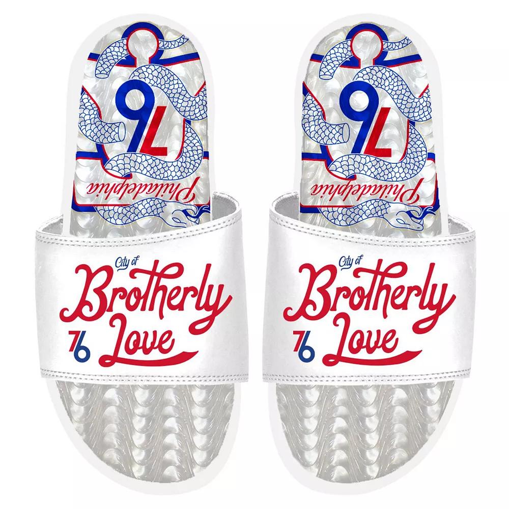 ISlide White Philadelphia 76ers 2022/23 City Edition Gel Slide Sandals, Mens Product Image