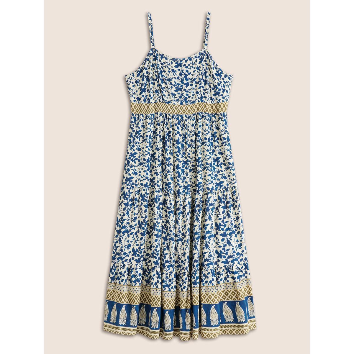 Plus Size Boho Print Patchwork Adjustable Straps Cami Dress DarkBlue Women Resort Non Spaghetti Strap Sleeveless Curvy Midi Dress BloomChic 30/6X Product Image
