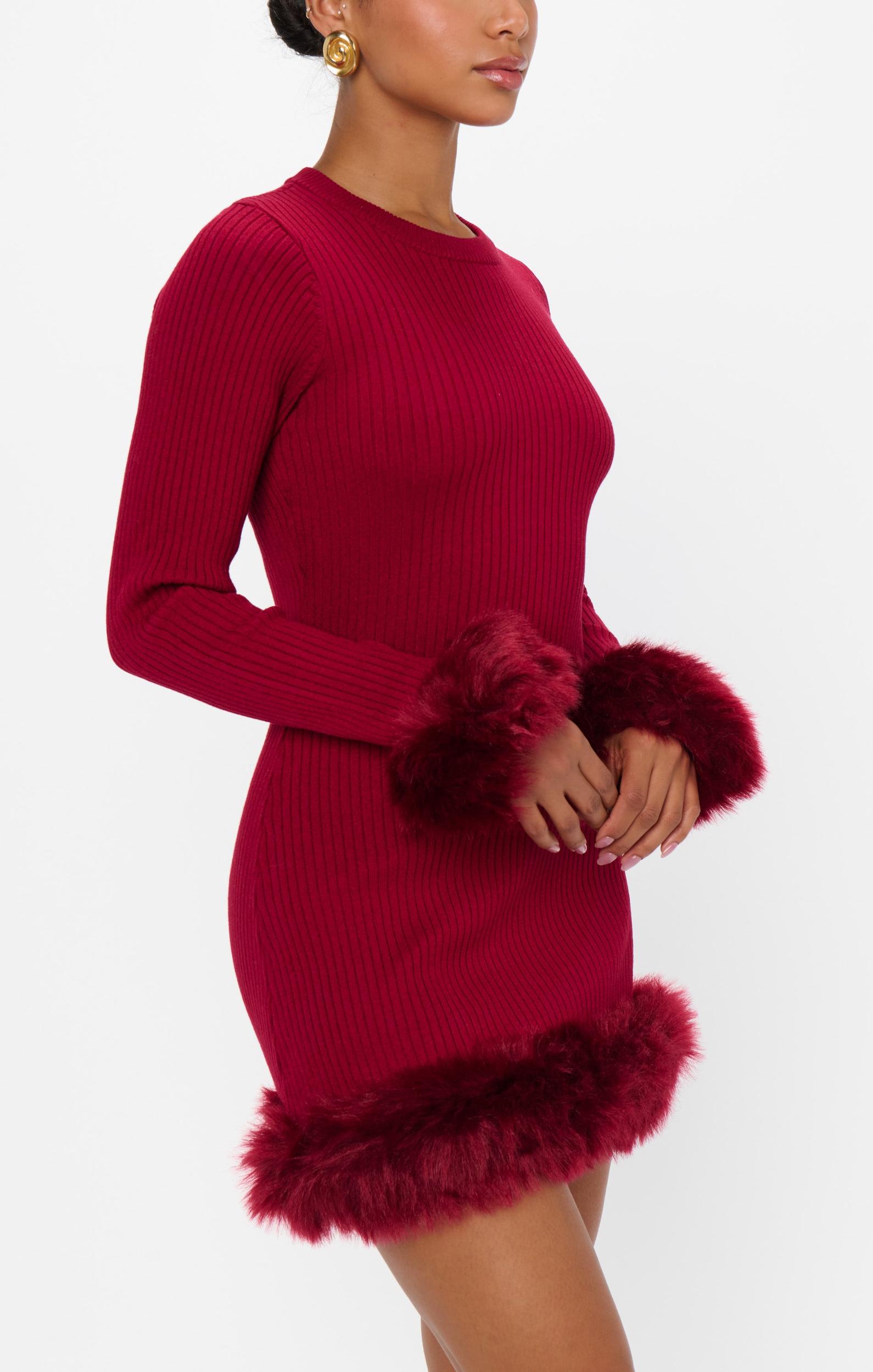 Fran Mini Dress ~ Cranberry Rib with Faux Fur Product Image