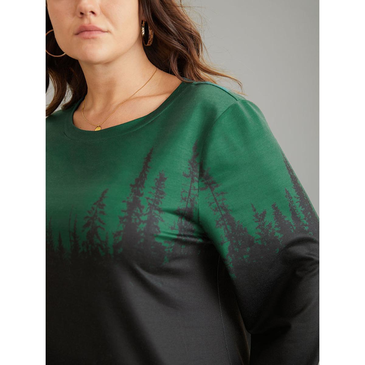Plus Size Ombre Forest Contrast Crew Neck Sweatshirt Women DarkGreen Casual Printed Round Neck Dailywear Sweatshirts BloomChic 22-24/3X Product Image