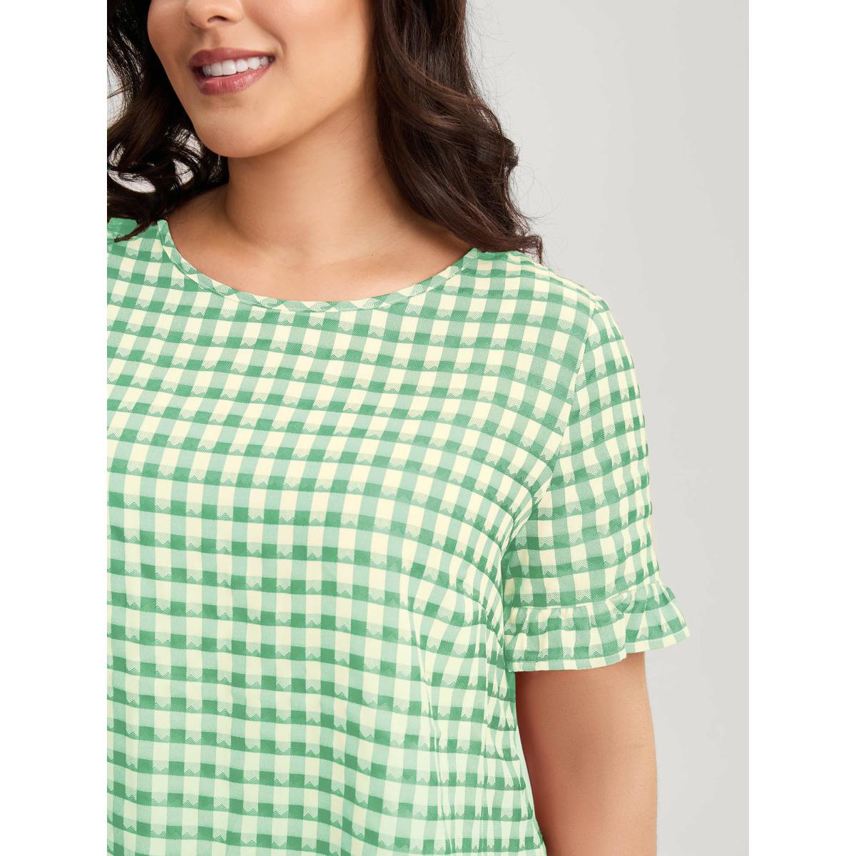 Plus Size Malachitegreen Gingham Print Button Back Blouse Women Short sleeve Round Neck Everyday-Casual Blouses BloomChic 12/L Product Image