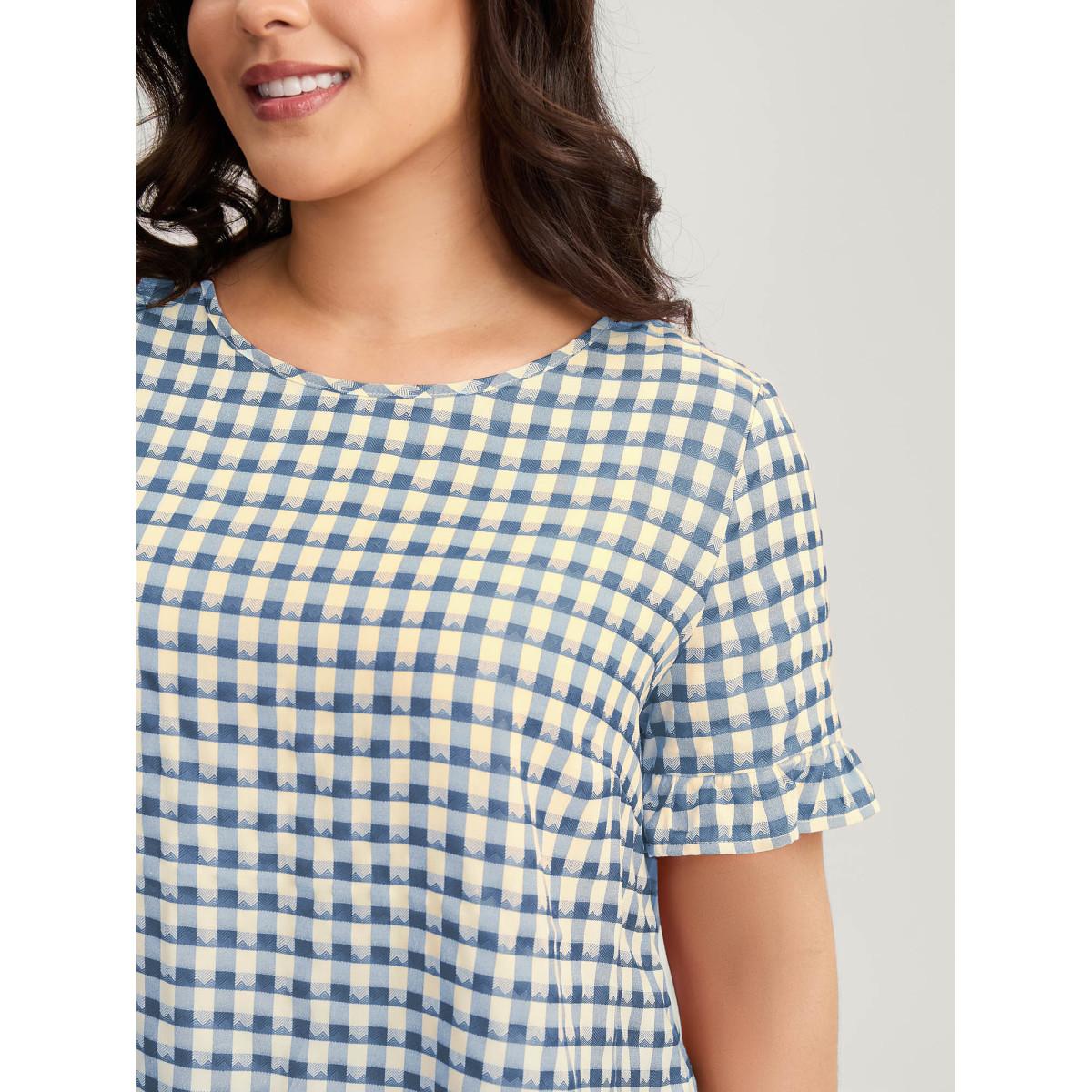 Plus Size Malachitegreen Gingham Print Button Back Blouse Women Short sleeve Round Neck Everyday-Casual Blouses BloomChic 12/L Product Image
