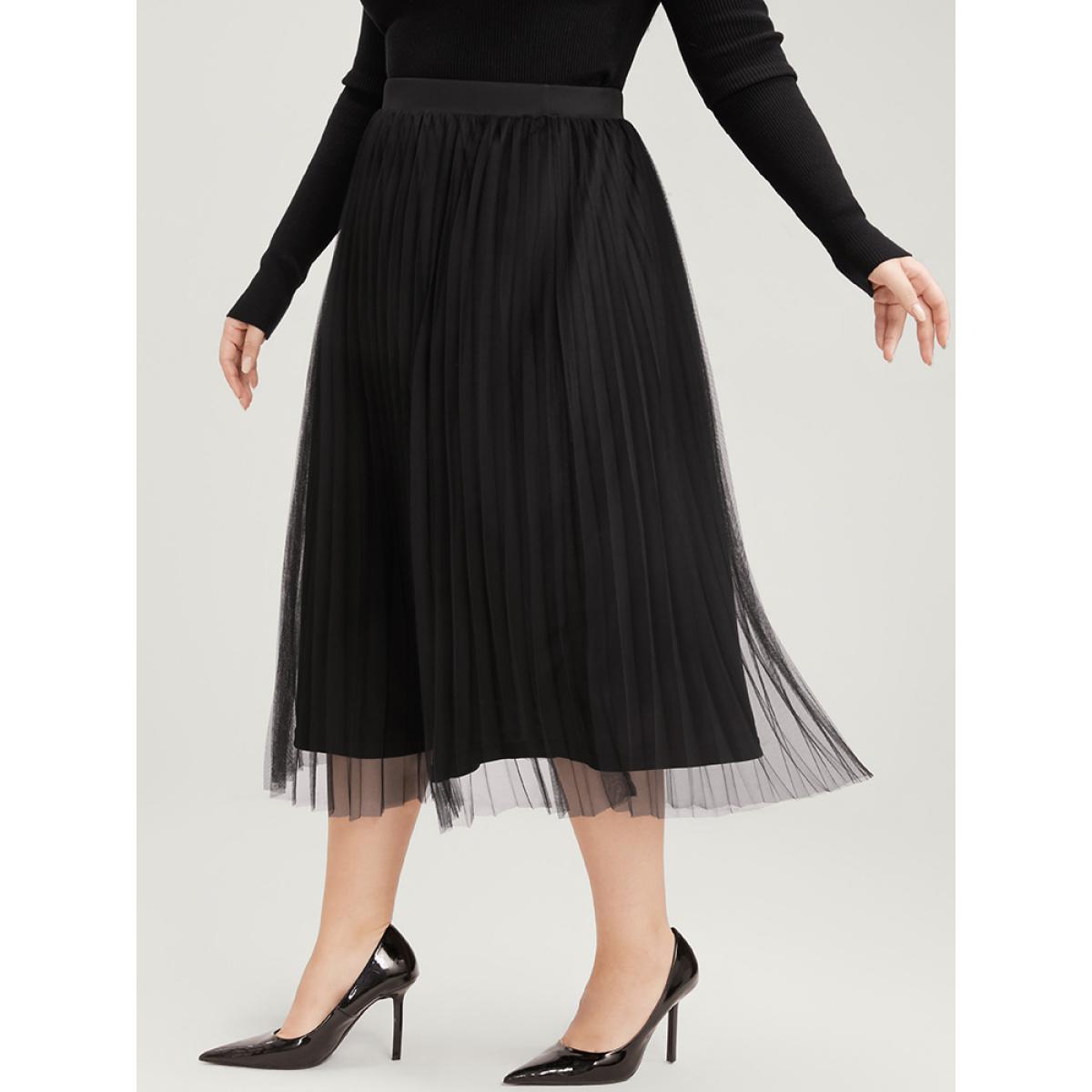 Plus Size Solid Mesh Elastic Waist Pleated Skirt Women Black Glamour Elastic Waist No stretch Going out Skirts BloomChic 14-16/1X Product Image