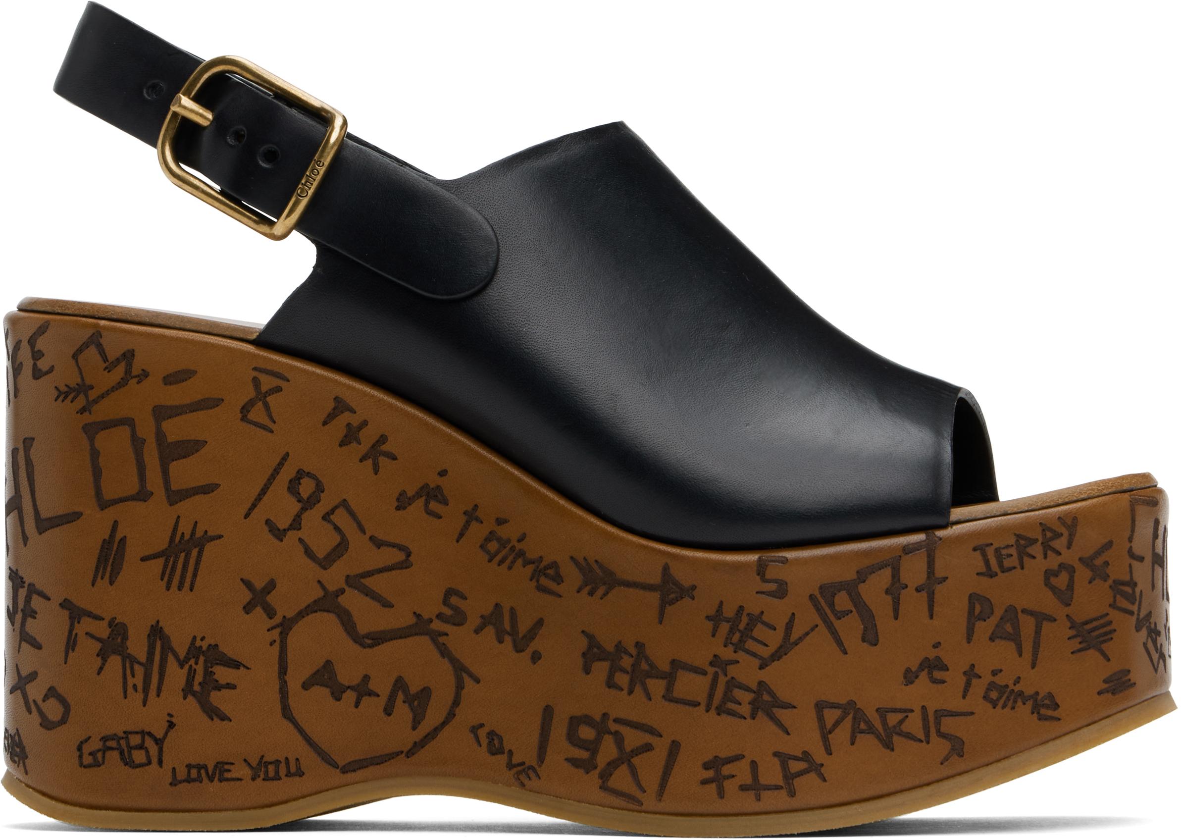 CHLOÉ Maxime Leather Slingback Platform Wedge Sandals In Black Product Image