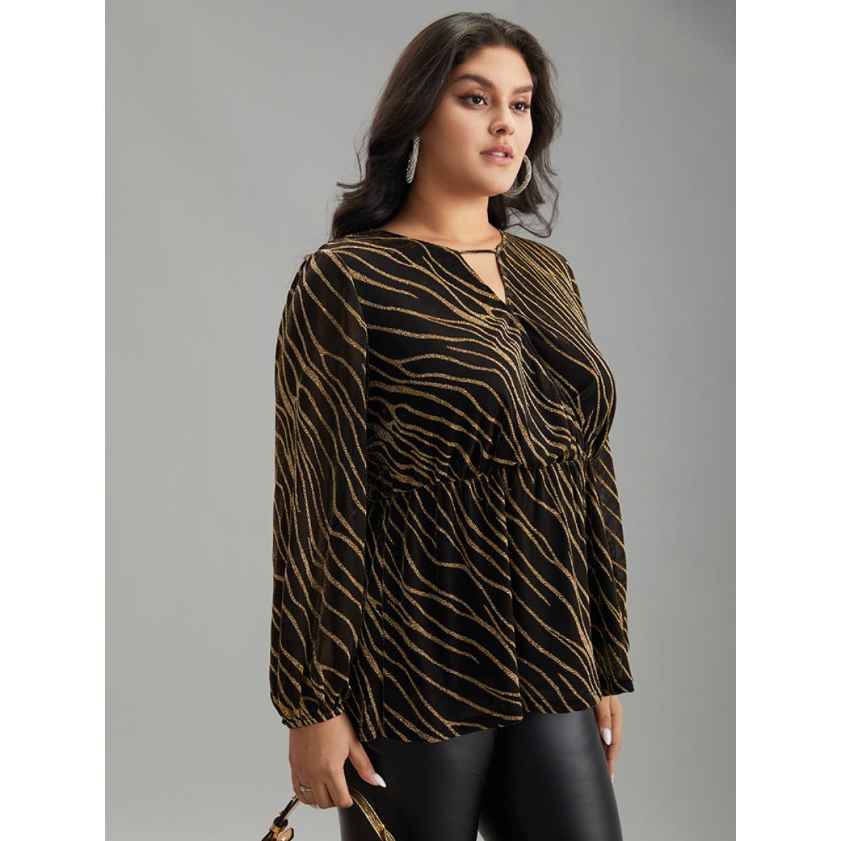 Plus Size Gold Glitter Striped Mesh Keyhole Lantern Sleeve Blouse Women Cocktail Long Sleeve Keyhole Cut-Out Party Blouses BloomChic 12/L Product Image