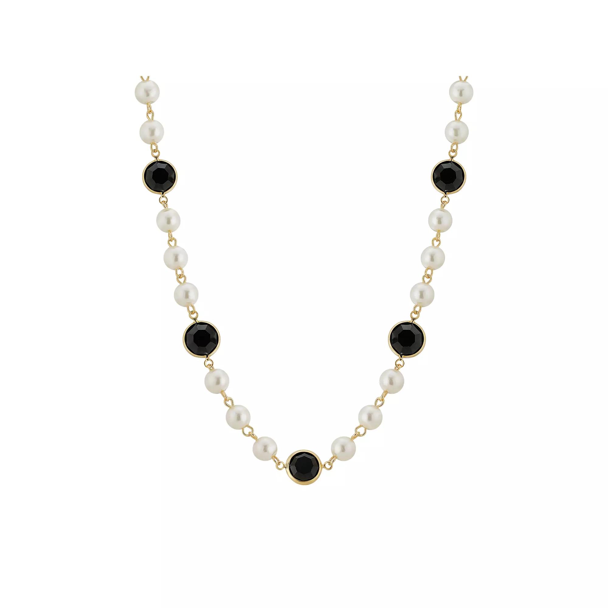 1928 Gold Tone Simulated Pearl & Crystal Strandage Necklace, Womens, Black Product Image