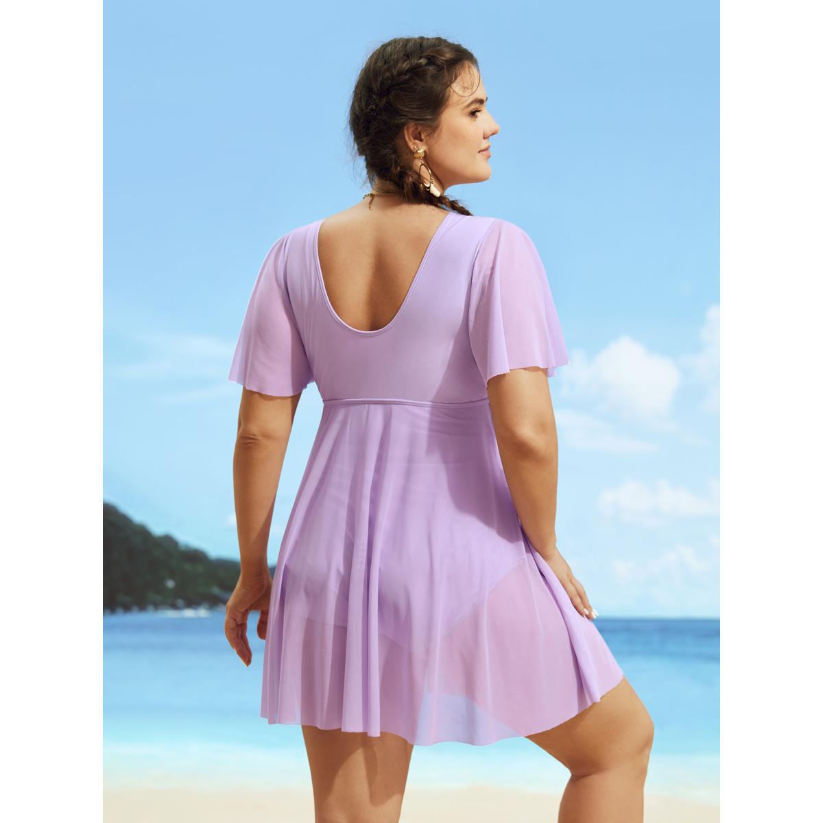 Plus Size Solid Patchwork See Through Ruffle Sleeve Swim Dress Women's Swimwear Lilac Beach Bodycon V-neck High stretch Curve Swim Dresses BloomChic 14-16/1X Product Image