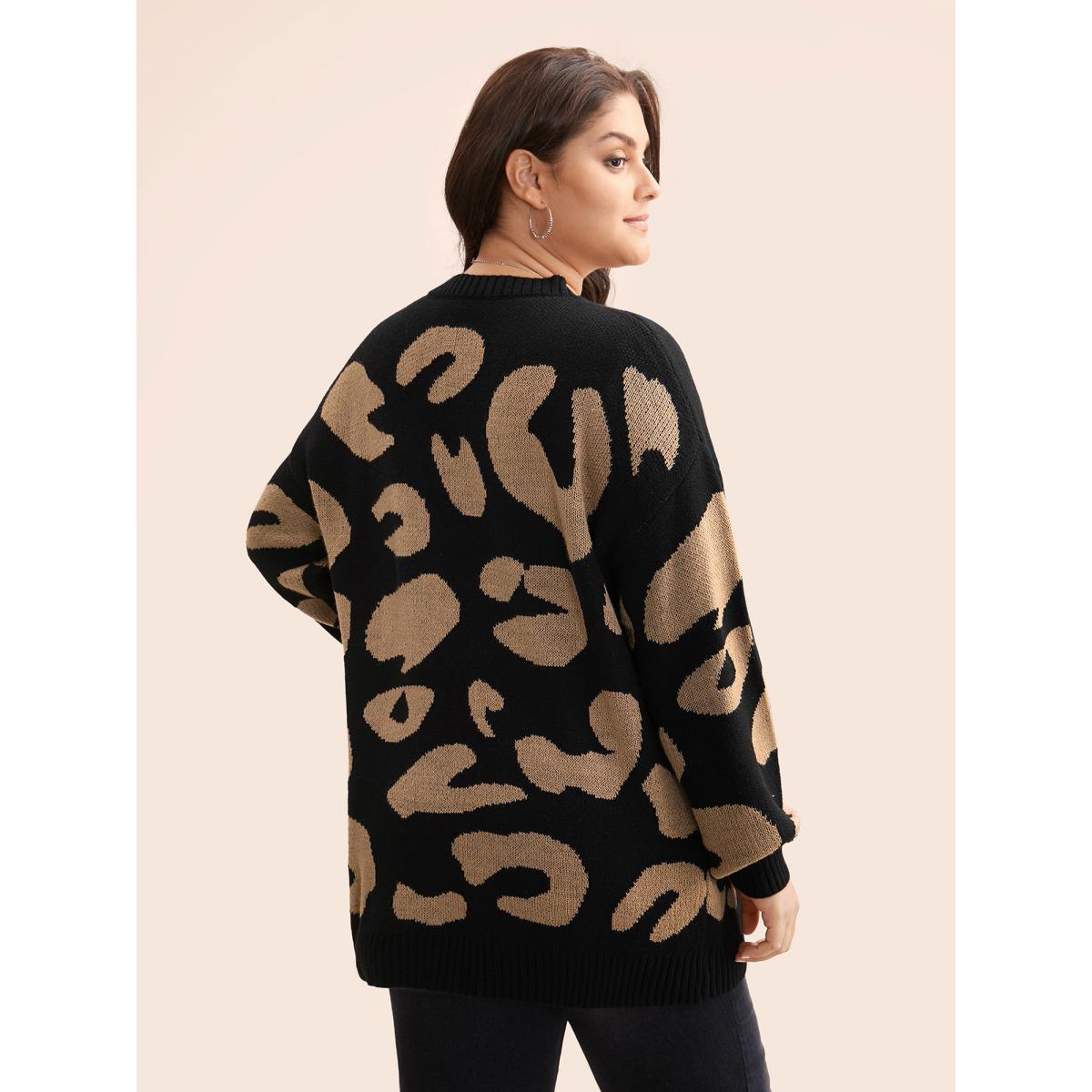 Plus Size Leopard Print Drop Shoulder Sleeve Pullover Black Women Leisure Loose Long Sleeve Round Neck Casual Pullovers BloomChic 22-24/3X Product Image