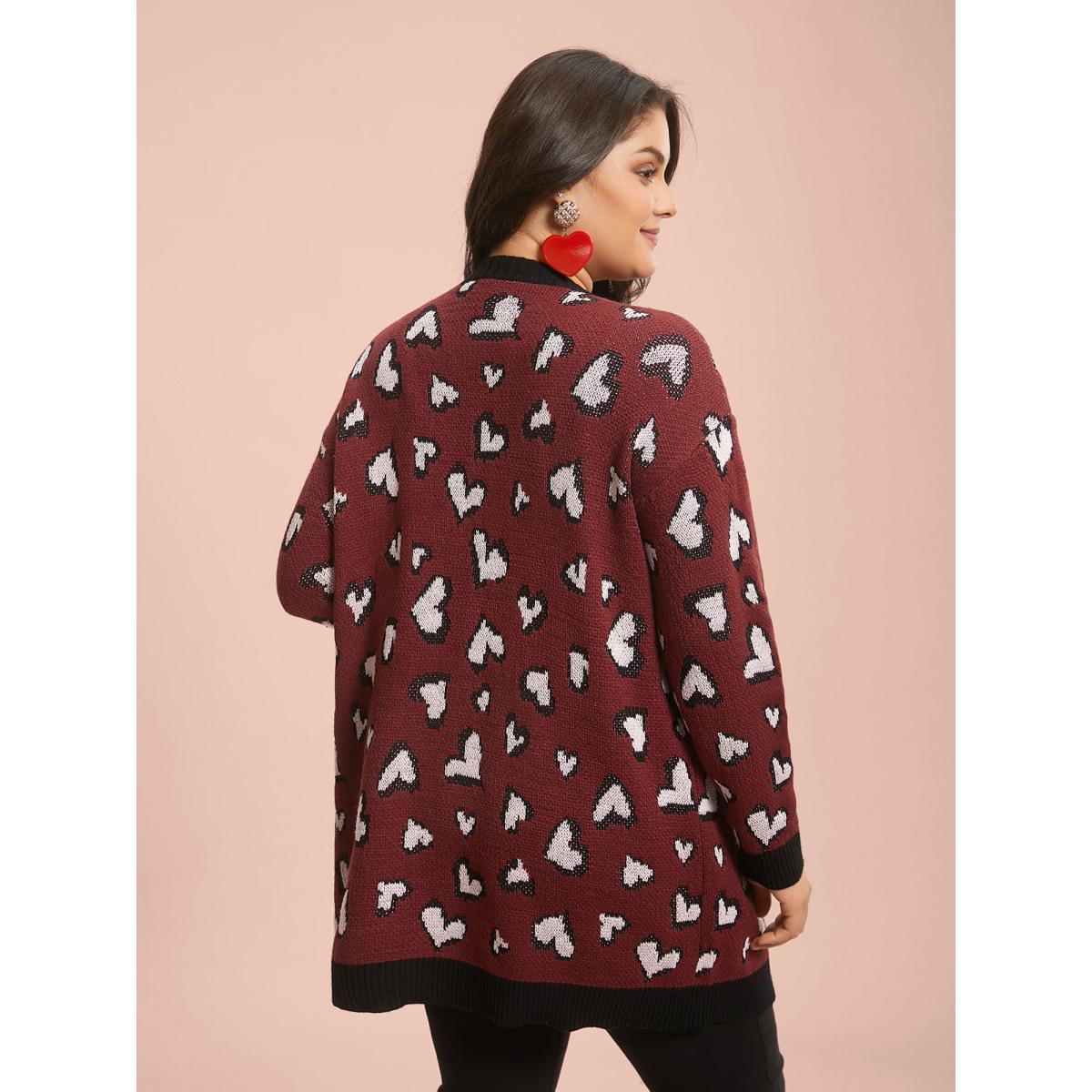 Plus Size Hearts All Over Open Front Contrast Cardigan Deepred Women Leisure Loose Long Sleeve Casual Cardigans BloomChic 30/6X Product Image