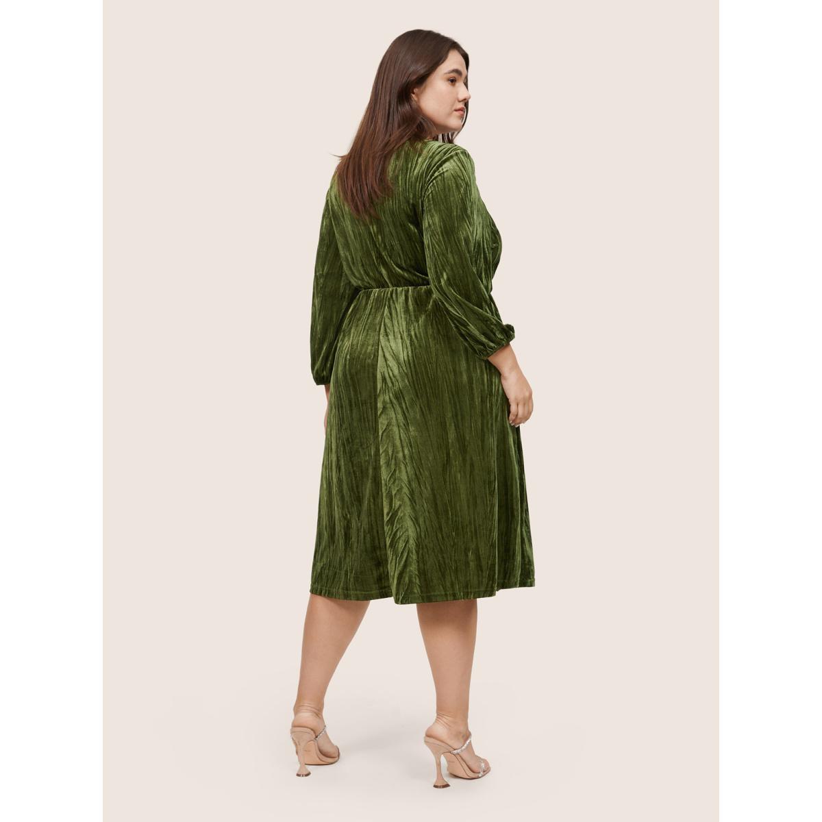 Plus Size Velvet Button Detail Notched Elastic Waist Dress ArmyGreen Women Elegant Velvet Notched collar Long Sleeve Curvy Midi Dress BloomChic 12/L Product Image
