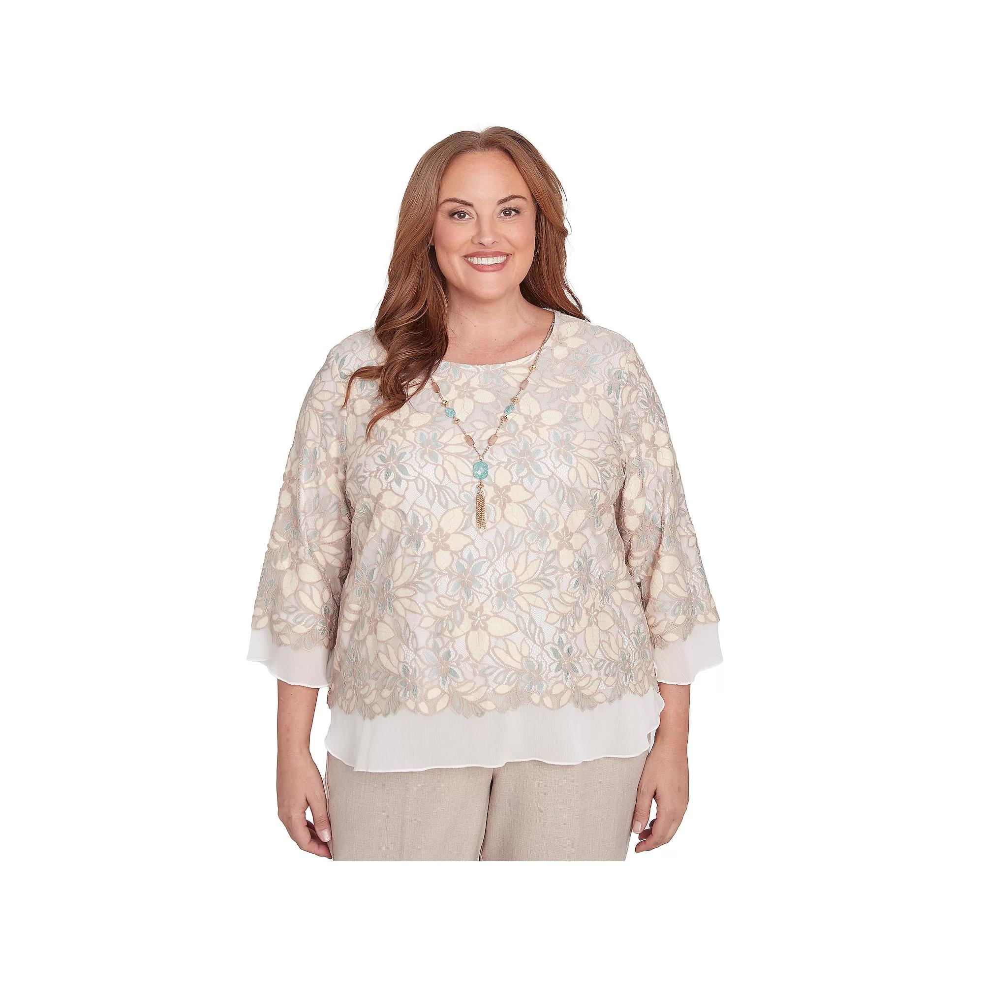Plus Size Alfred Dunner Floral Lace Woven Trim Top with Necklace, Women's, Size: 2XL, Neutral Team Product Image