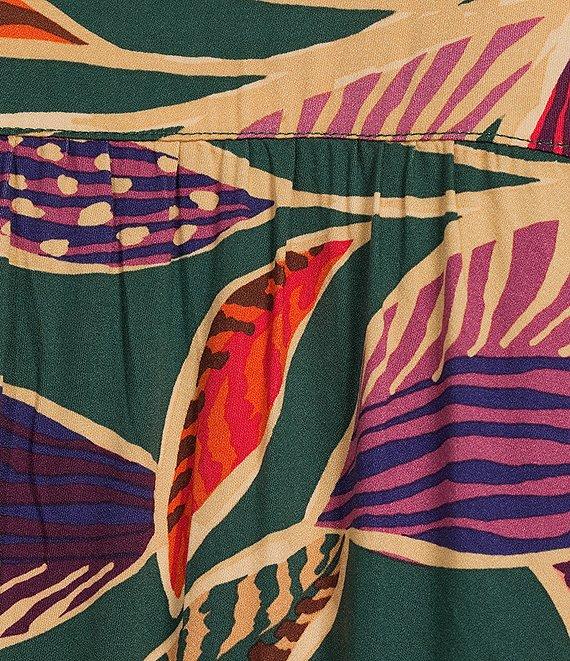 Democracy Woven Leaf Print Double Ruffle Yoke Notch V-Neck Long Sleeve Top Product Image