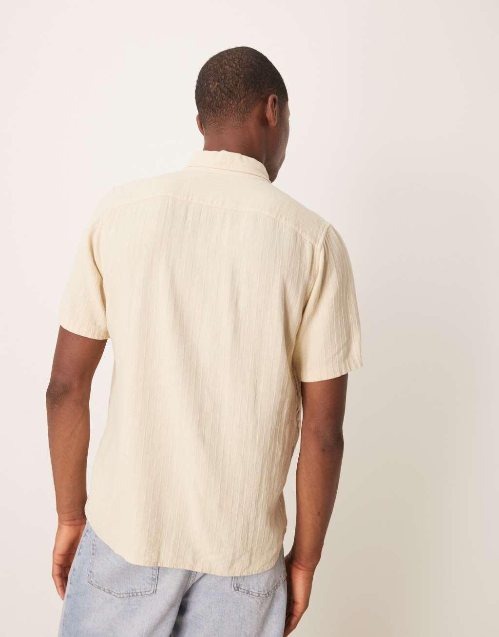 Abercrombie & Fitch textured linen collar detail short sleeve shirt in cream Product Image