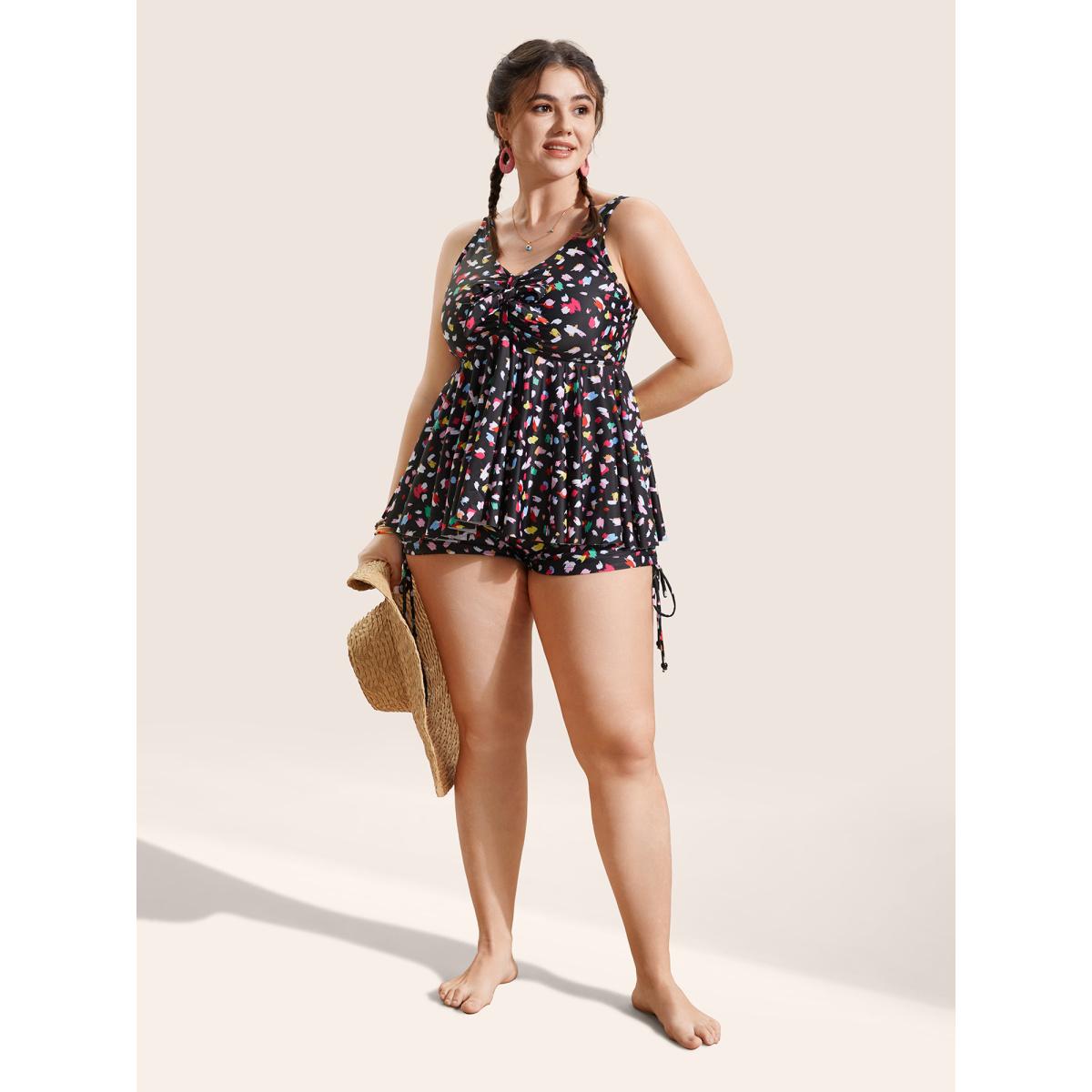 Plus Size Allover Print V Neck Gathered Swim Top Women's Swimwear Black Beach Gathered High stretch Bodycon V-neck Curve Swim Tops BloomChic 12/L Product Image