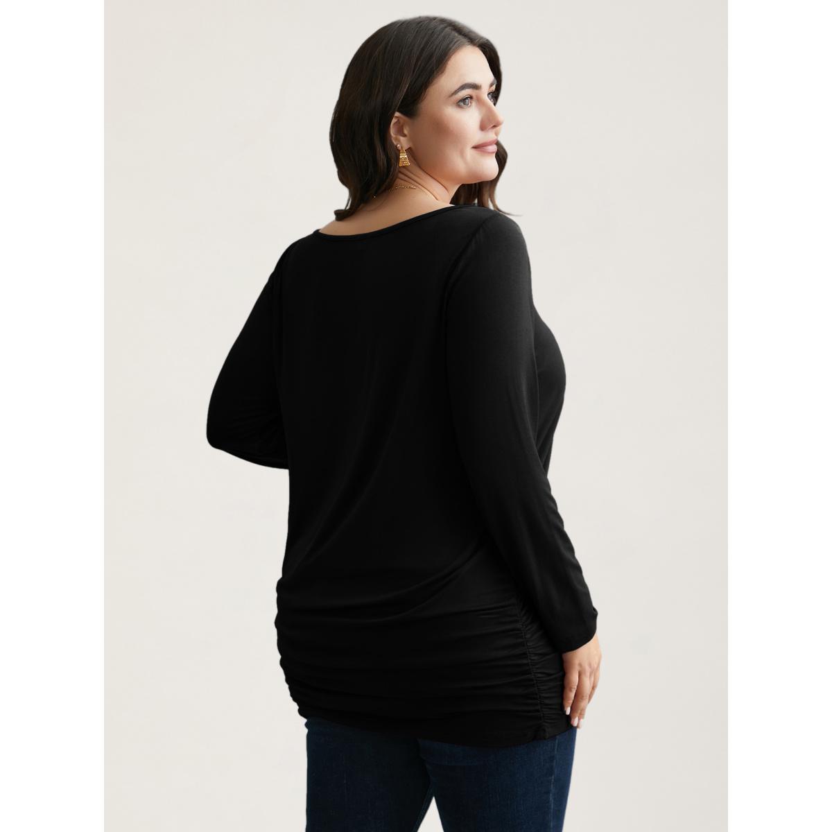 Plus Size Very Stretchy Supersoft Slim-Fit T-shirt Black Women Elegant Gathered Boat Neck Everyday T-shirts BloomChic 18-20/2X Product Image