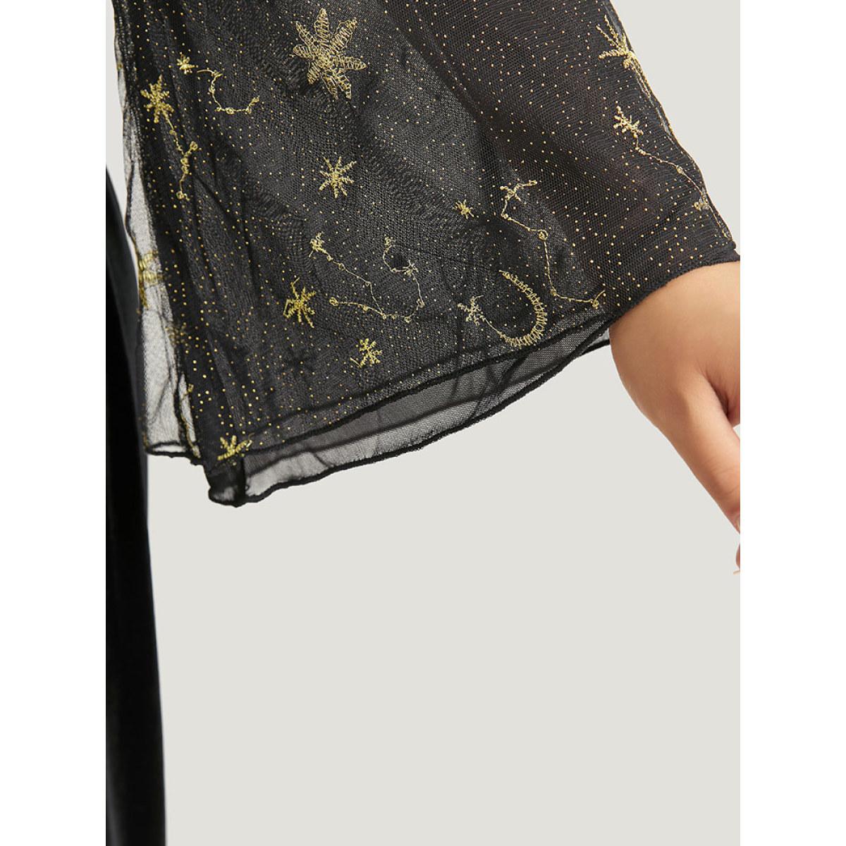 Plus Size Black Halloween Moon & Star Glitter Mesh Crisscross Neck Jumpsuit Women Elegant Long Sleeve Square Neck Festival-Halloween Loose Jumpsuits BloomChic 14-16/1X Product Image