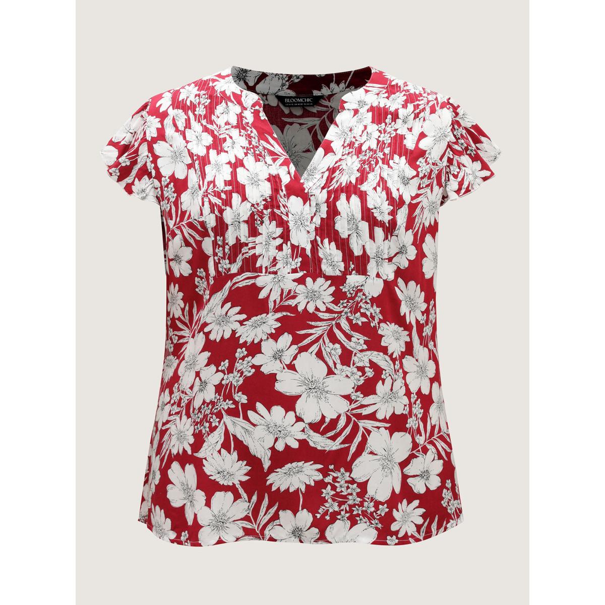 Plus Size Scarlet Silhouette Floral Toothpick Pleat Blouse Women Timeless Cap Sleeve Flat collar with V-notch Elegant Blouses BloomChic 30/6X Product Image