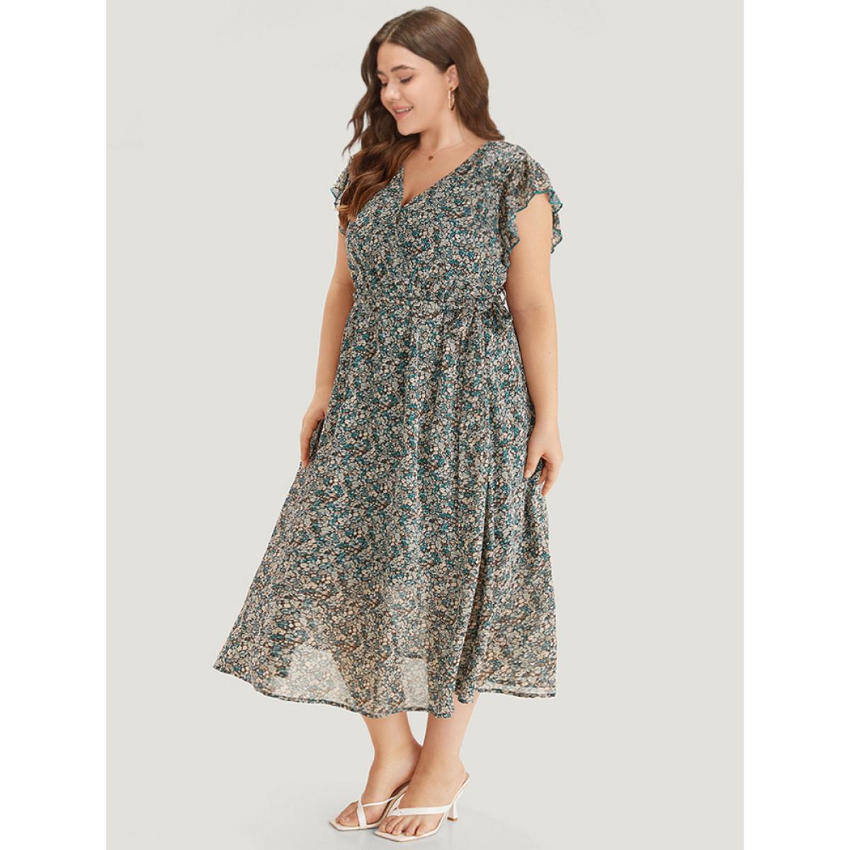 Plus Size Ditsy Floral Surplice Neck Belted Flutter Sleeve Dress Cyan Women Elegant Wrap V-neck Sleeveless Curvy Midi Dress BloomChic 28/5X Product Image