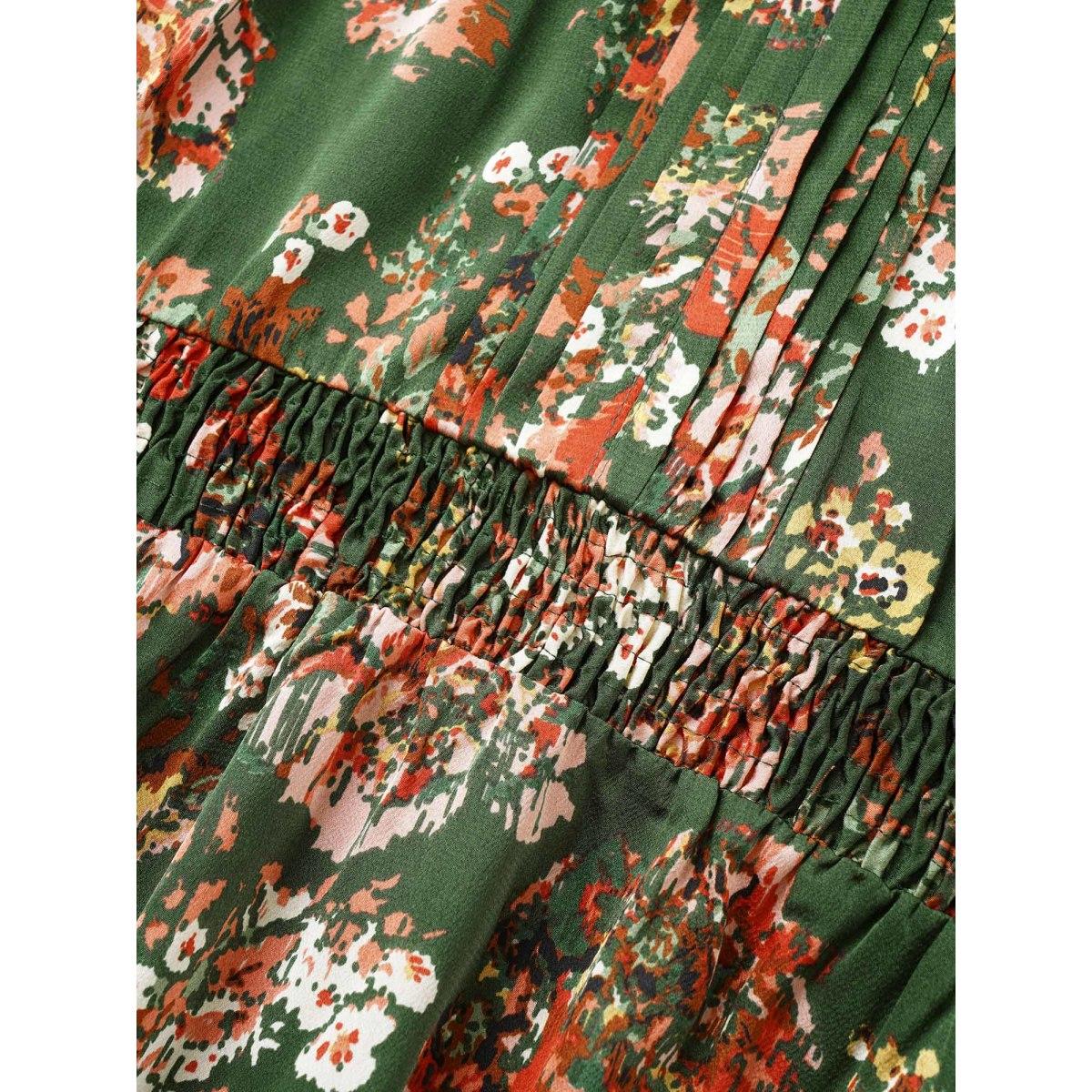 Plus Size Floral Print Flutter Sleeve Shirred Pleated Dress DarkGreen Women Elegant Non V-neck Elbow-length sleeve Curvy Midi Dress BloomChic 22-24/3X Product Image