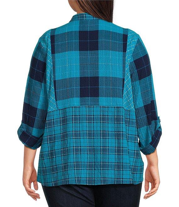 Ali Miles Woven Plaid Multi Print Point Collar 3/4 Roll-Tab Sleeve Button-Front Tunic Product Image
