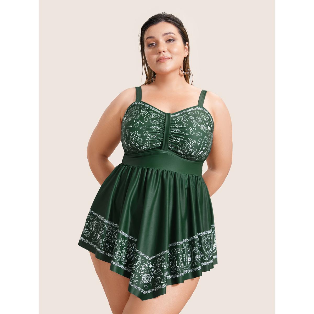 Plus Size Paisley Print Ruched Adjustable Straps Swim Dress Women's Swimwear ArmyGreen Beach Bodycon Heart neckline High stretch Curve Swim Dresses BloomChic 26/4X Product Image