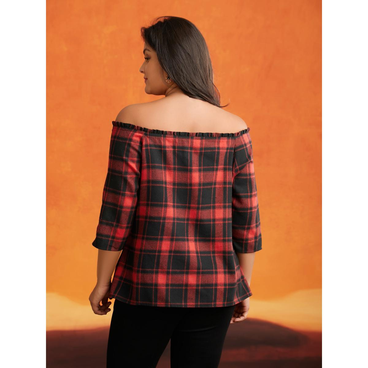 Plus Size Scarlet Mystic Off-Shoulder Slimming Tie Plaid Blouse Women Elegant Elbow-length sleeve One-shoulder neck Everyday Blouses BloomChic 10/M Product Image