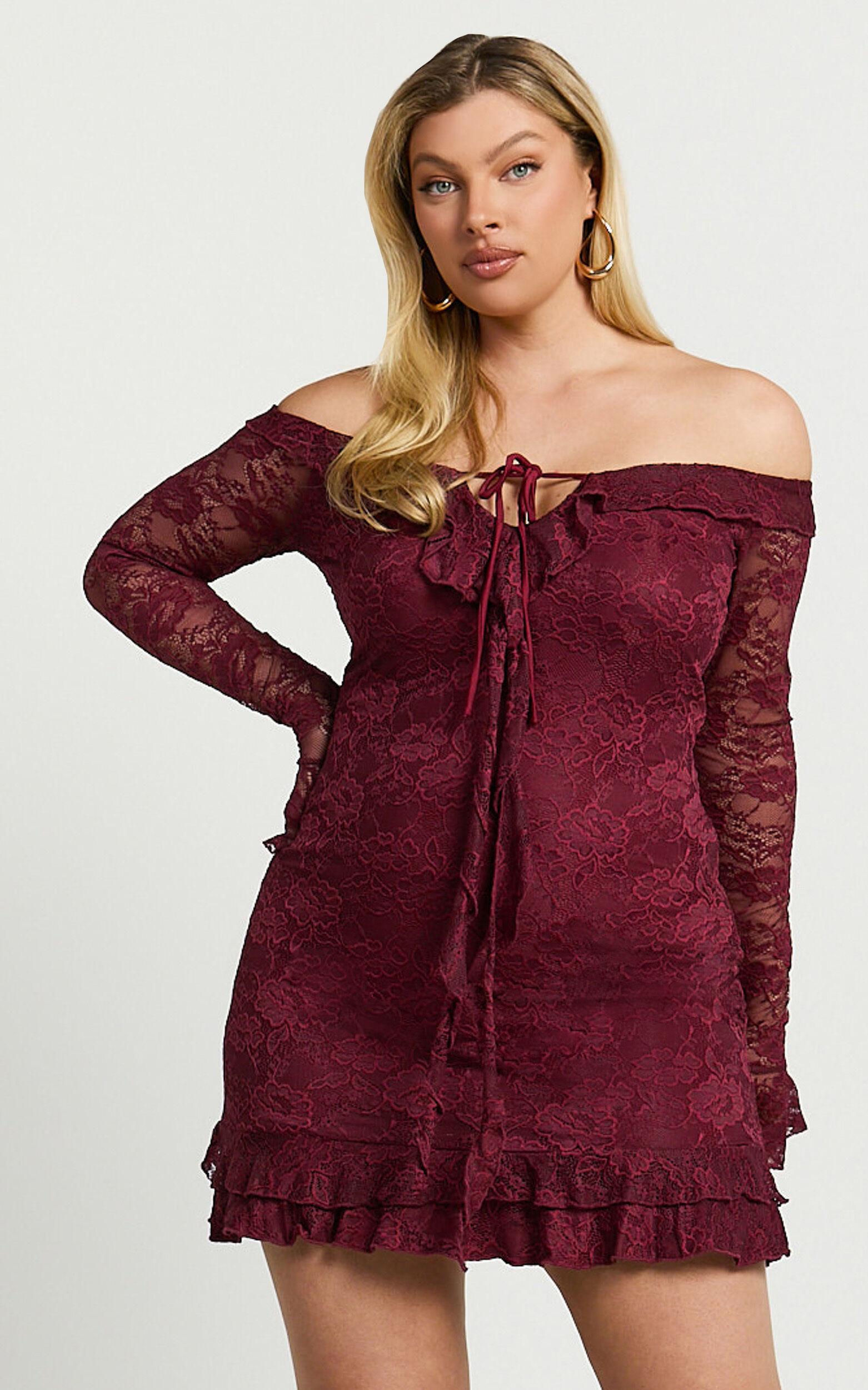 Theresa Mini Dress - Off Shoulder Tie Front Dress in Wine Product Image