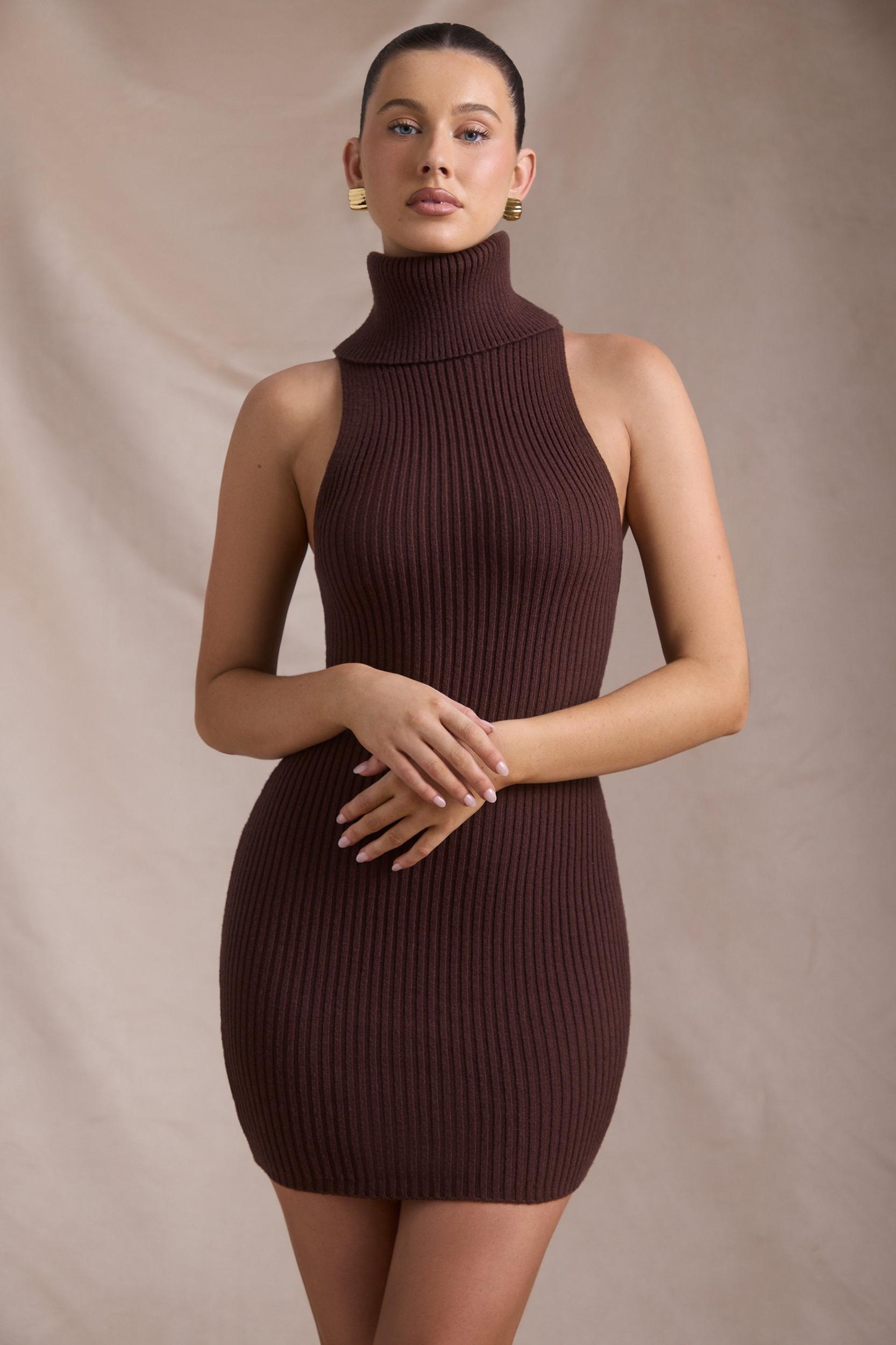 Ribbed-Knit Turtleneck Mini Dress in Espresso Product Image
