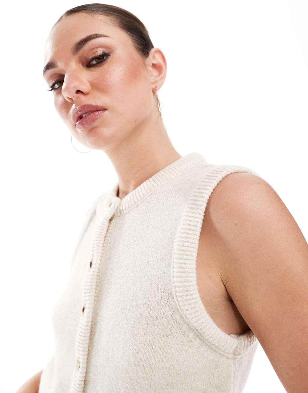 Stradivarius knit cardigan vest in ecru Product Image