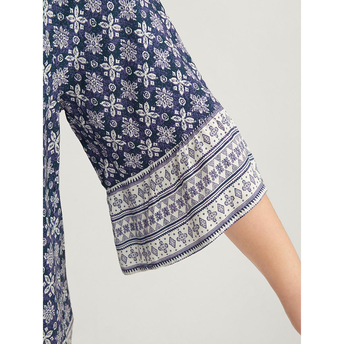 Plus Size Eggplant Floral Print Bell Sleeve Knotted Round Neck Blouse Women Vacation Elbow-length sleeve Round Neck Dailywear Blouses BloomChic 28/5X Product Image