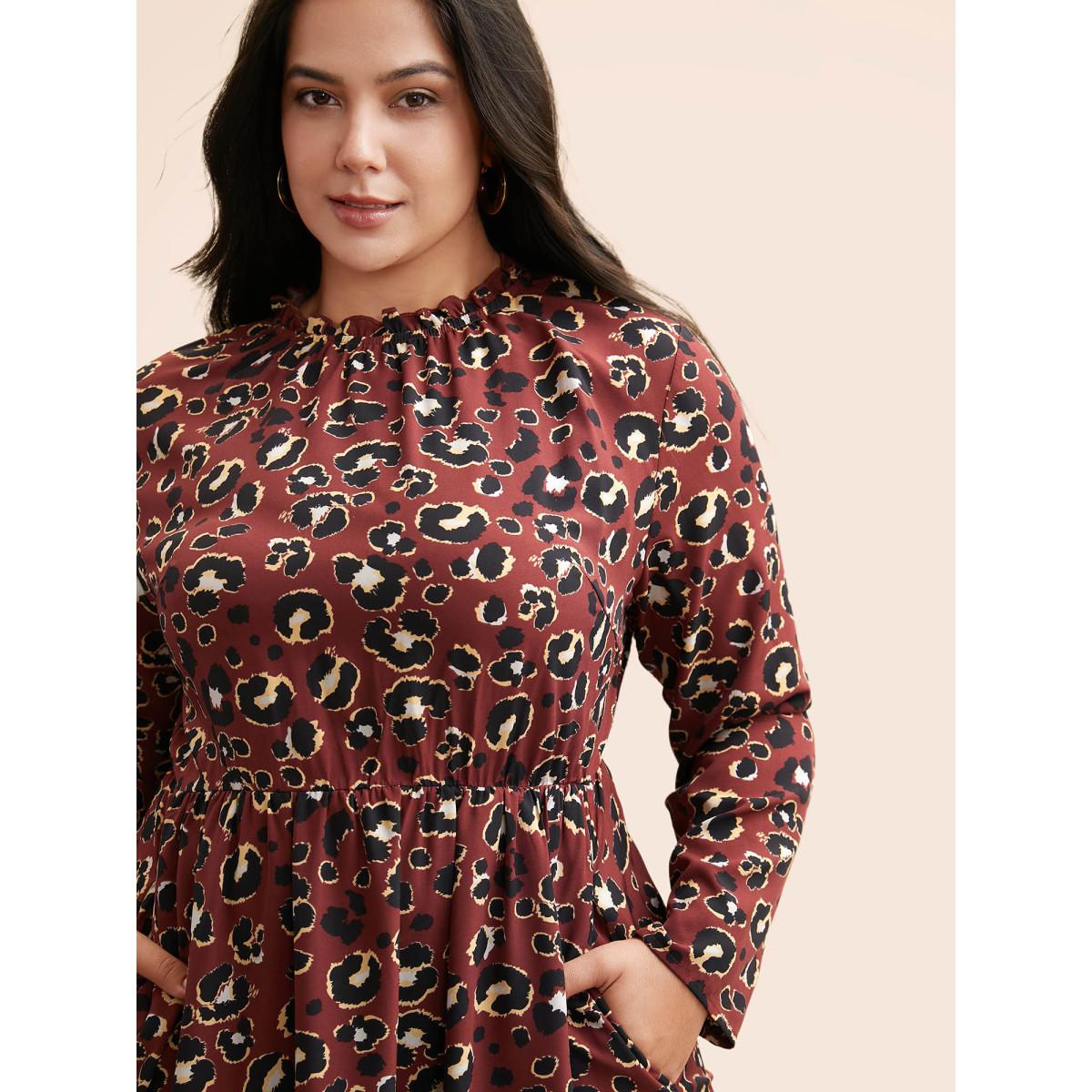 Plus Size Leopard Print Mock Neck Frill Trim Dress Russet Women Elegant Frill Trim Mock Neck Long Sleeve Curvy BloomChic 22-24/3X Product Image