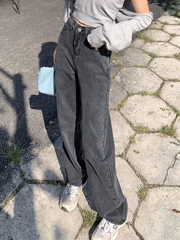 High Waist Washed Boyfriend Jeans Product Image