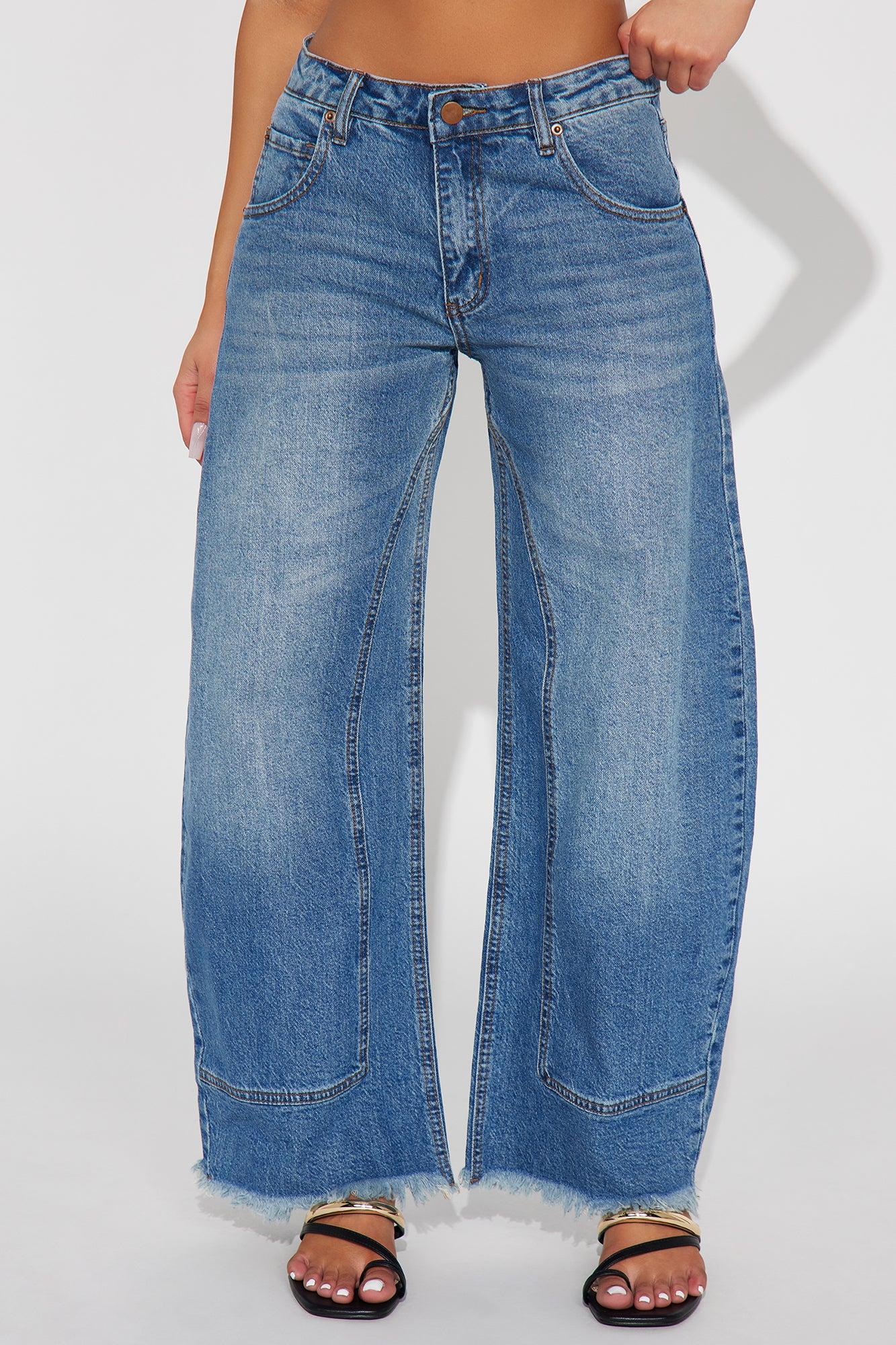 Kalinda Raw Hem Barrel Leg Jeans - Dark Wash Product Image
