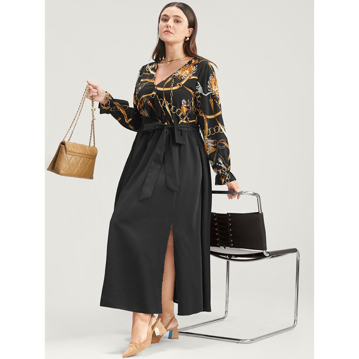 Plus Size Chain Print V Neck Pocket Lantern Sleeve Belted Split Dress Black Women Elegant Pocket V-neck Long Sleeve Curvy Midi Dress BloomChic 28/5X Product Image