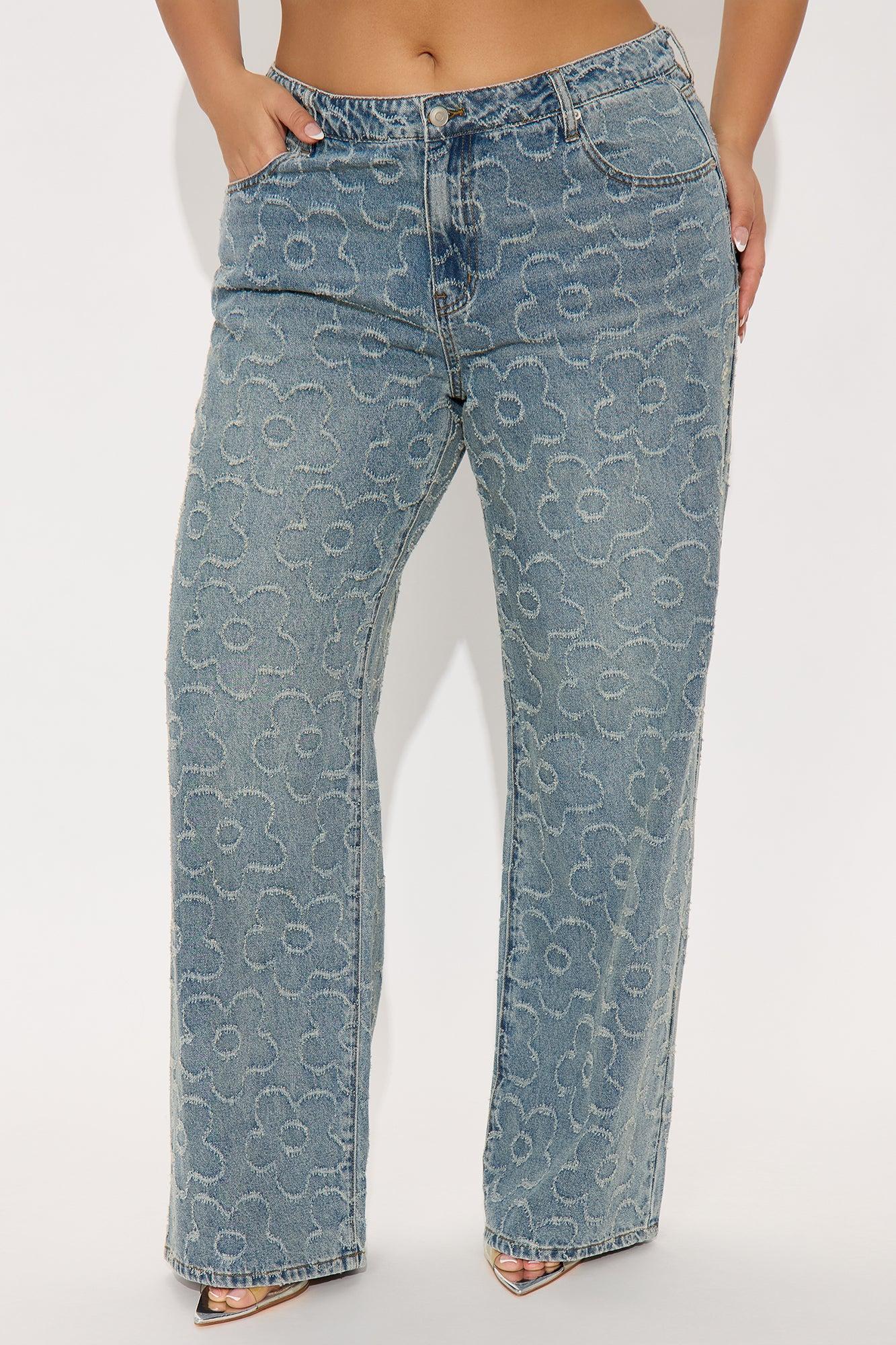 Flower Power Jacquard Wide Leg Jeans - Medium Wash Product Image